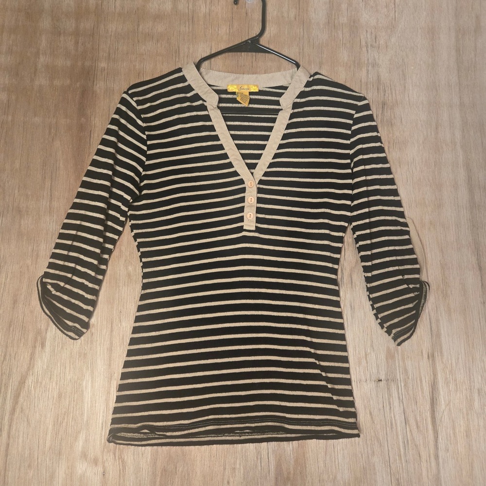 Y2K Black Tan Striped Henley V-Neck 3/4 Sleeve Top Size Medium 43000SF